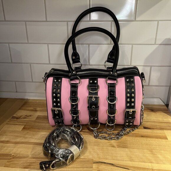 Current Mood Handbags - Current Mood Wicked Way Mini Bag Pink Black Chain Studded Barrel Purse